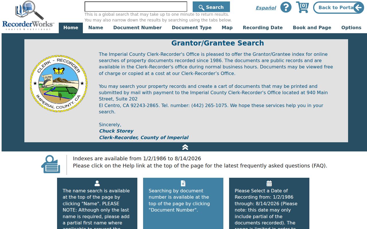 Brawley residents directory view of Imperial County RecorderWorks deed index