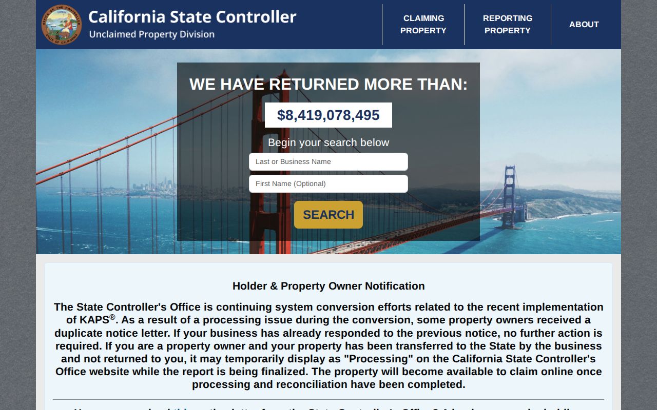 Brawley resident lookup view of California unclaimed property search