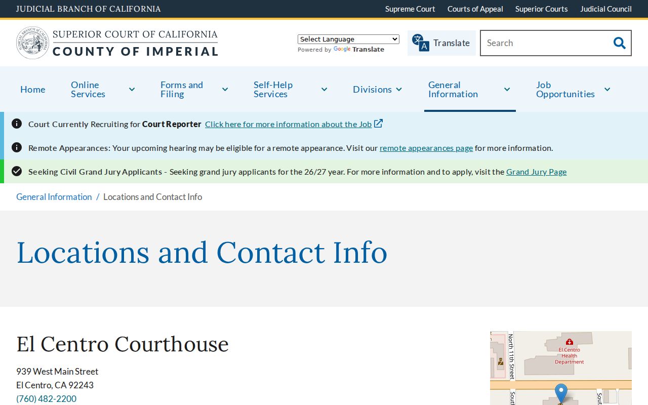 Brawley resident lookup view of Imperial court clerk locations and contacts