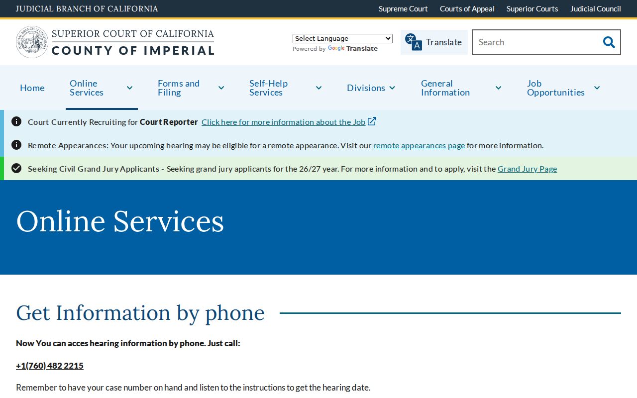 Brawley resident lookup view of Imperial Superior Court online services