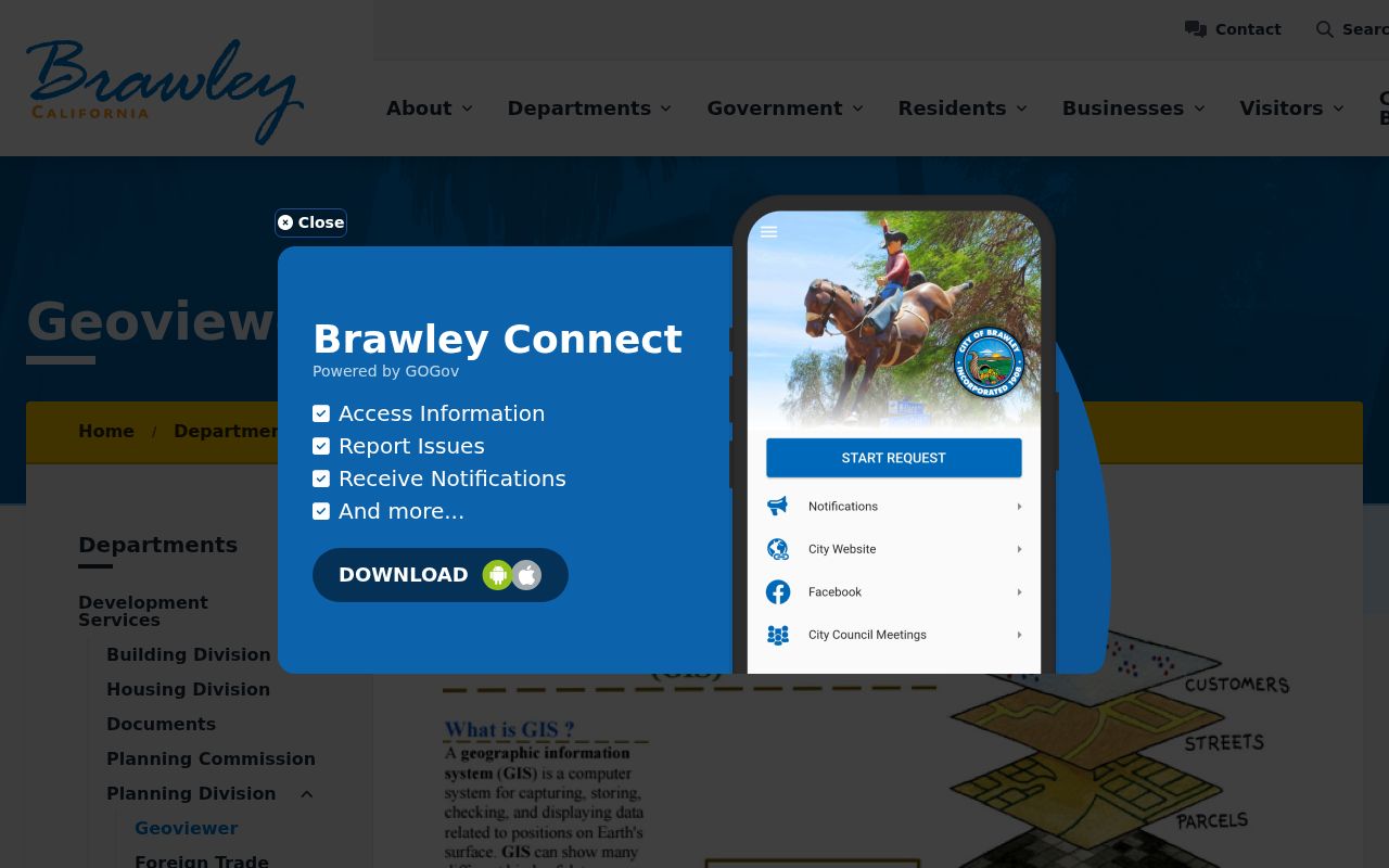 Brawley ZIP code directory view of Brawley GeoViewer jurisdiction map